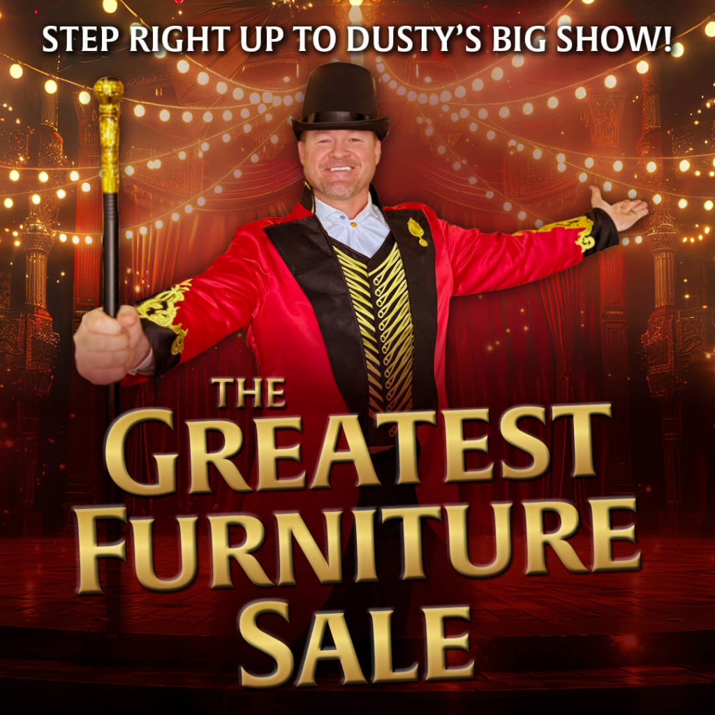 Man in ringmaster costume promoting The Greatest Furniture Sale.