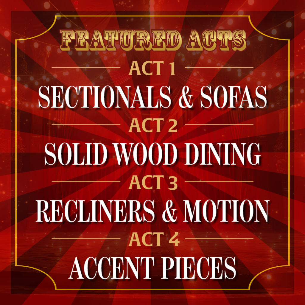 Circus-themed poster listing furniture sale categories as four featured acts.